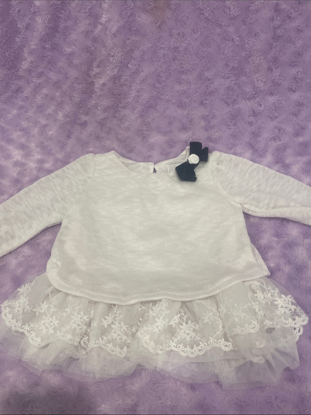 Rare Editions White Lace Tulle Top with Black Bow